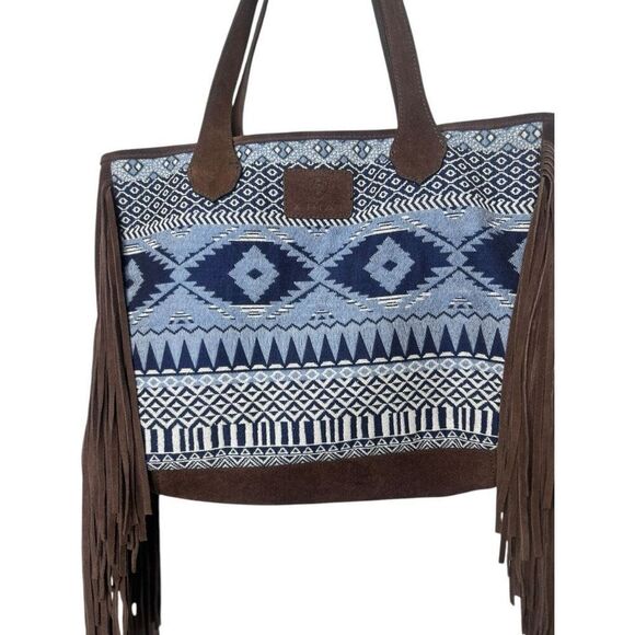 Ariat Madison Woven Concealed Carry Blue Brown Tote Bag Aztec Suede Fringe Large - Picture 2 of 10